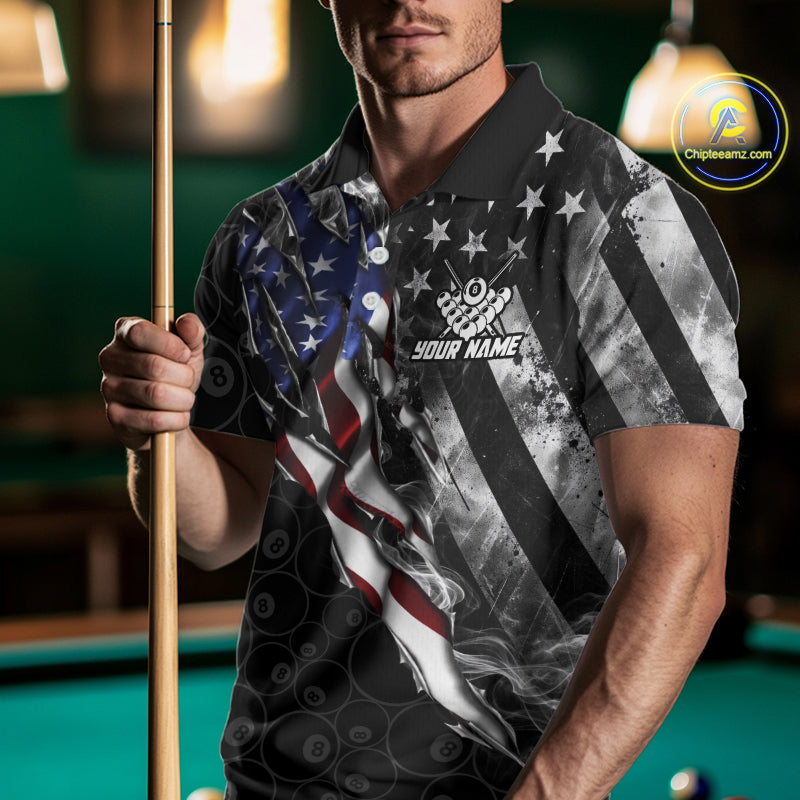 Personalized Smoke US Flag Billiard 8 Ball Camo Pool Shirt For Men Custom Patriotic Billiard Team Appeal NYN4347