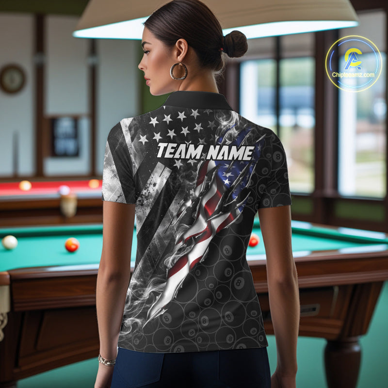 Personalized Smoke US Flag Billiard 8 Ball Camo Pool Shirt For Women Custom Patriotic Billiard Team Appeal NYN4347