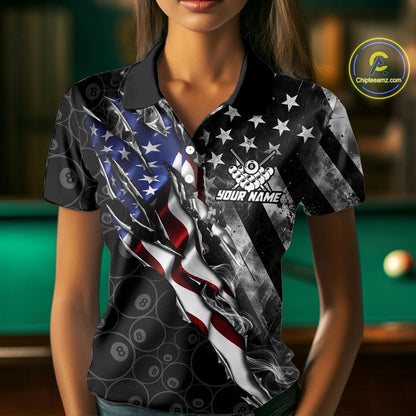 Personalized Smoke US Flag Billiard 8 Ball Camo Pool Shirt For Women Custom Patriotic Billiard Team Appeal NYN4347