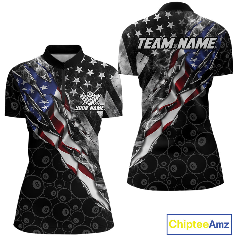 Personalized Smoke US Flag Billiard 8 Ball Camo Pool Shirt For Women Custom Patriotic Billiard Team Appeal NYN4347