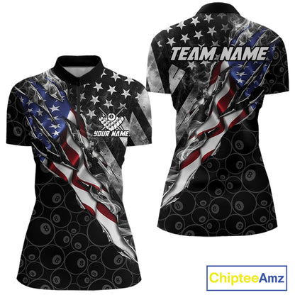 Personalized Smoke US Flag Billiard 8 Ball Camo Pool Shirt For Women Custom Patriotic Billiard Team Appeal NYN4347