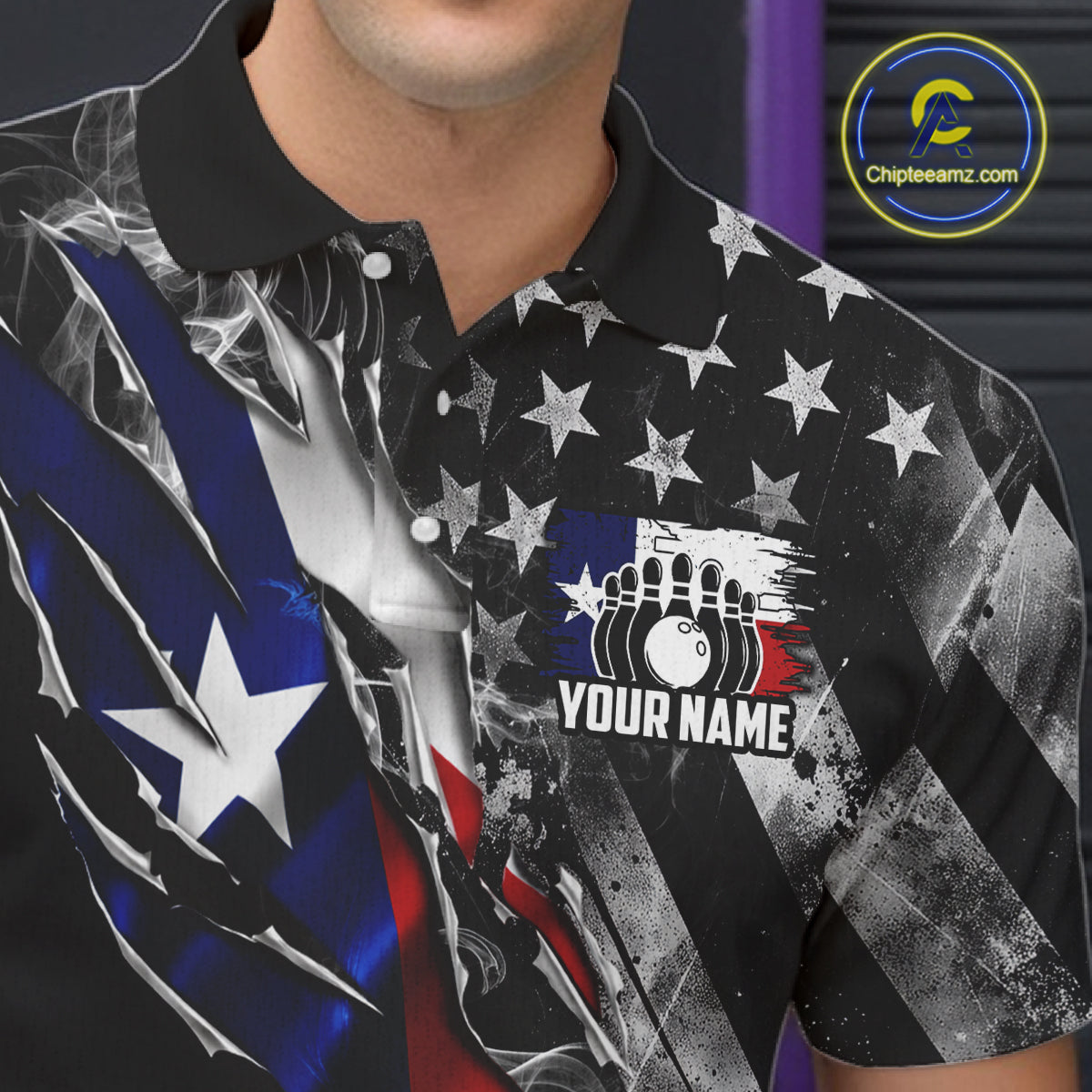 Torn Texas Flag Patriotic Bowling Jersey For Men Custom Grunge American Flag Bowling Team Shirts NYN4348