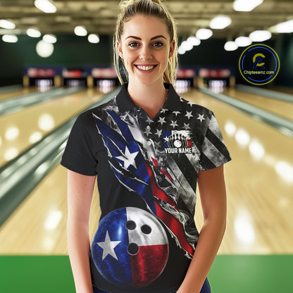 Torn Texas Flag Patriotic Bowling Jersey For Women Custom Grunge American Flag Bowling Team Shirts NYN4348