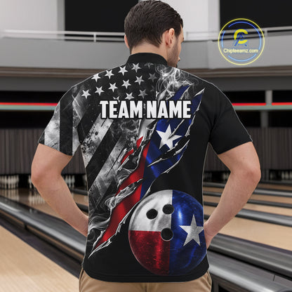 Torn Texas Flag Patriotic Bowling Jersey For Men Custom Grunge American Flag Bowling Team Shirts NYN4348