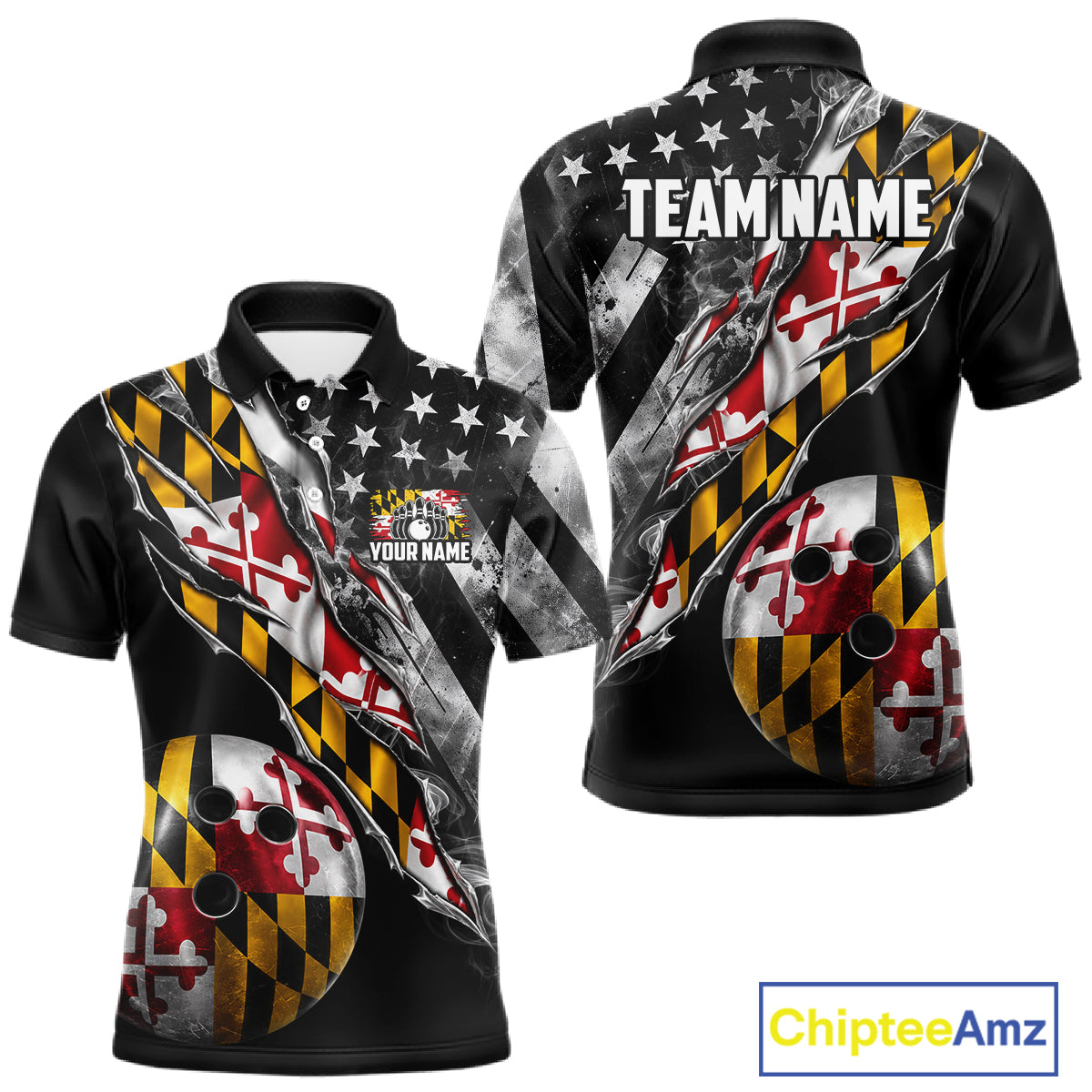Torn Maryland Flag Patriotic Bowling Jersey For Men Custom Grunge American Flag Bowling Team Shirts NYN4349