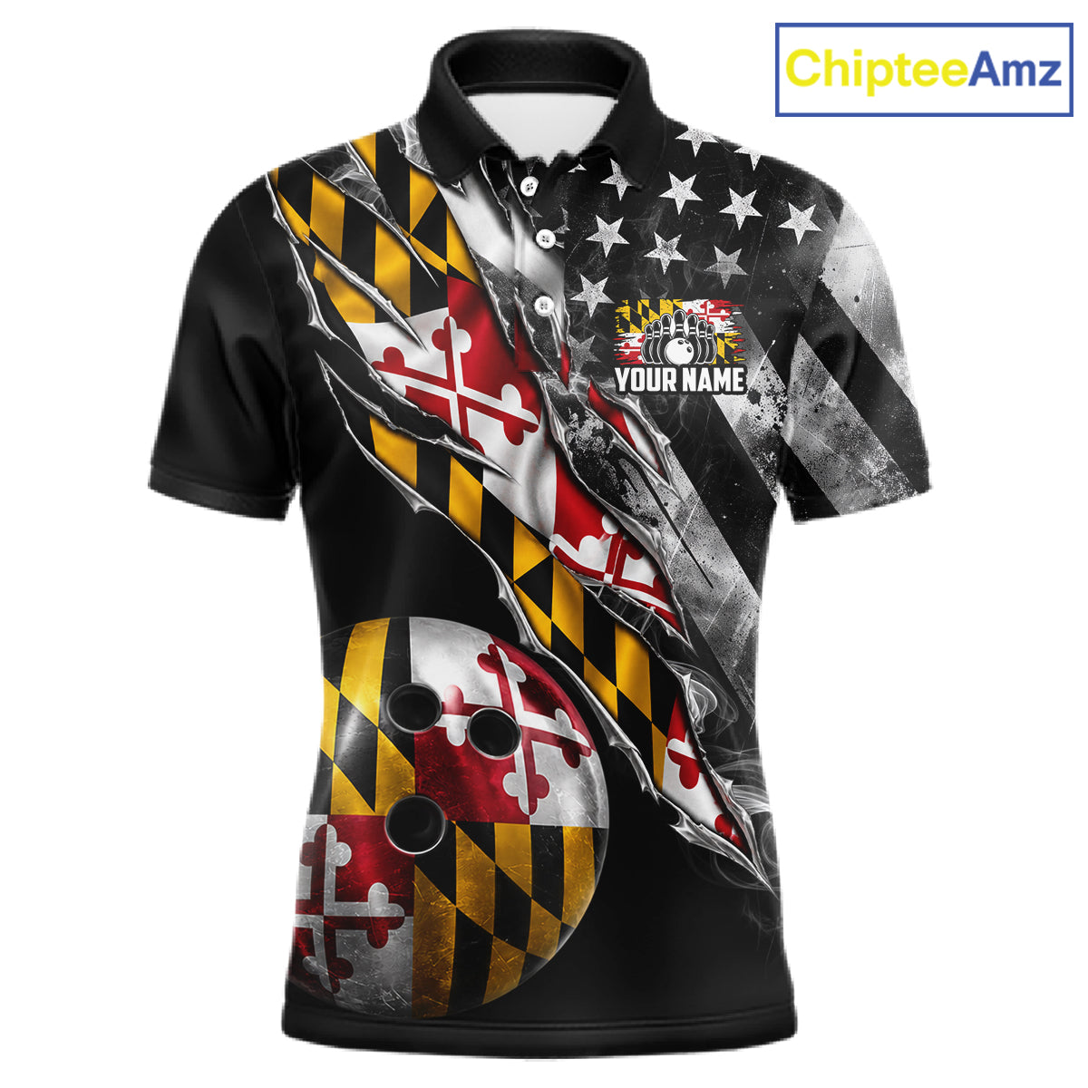 Torn Maryland Flag Patriotic Bowling Jersey For Men Custom Grunge American Flag Bowling Team Shirts NYN4349