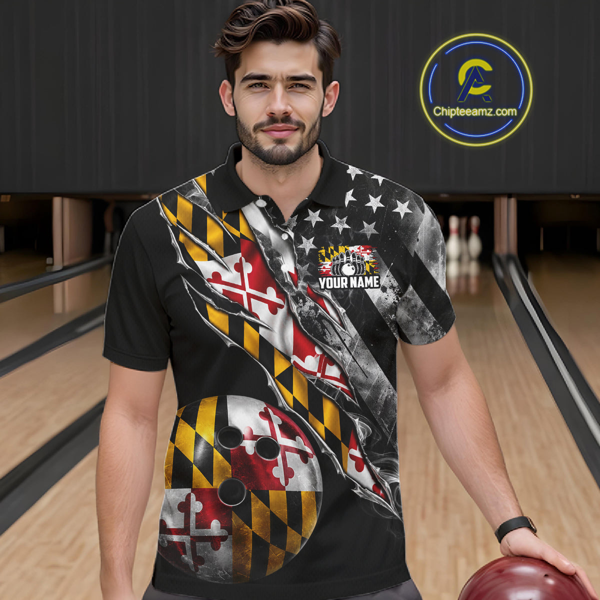 Torn Maryland Flag Patriotic Bowling Jersey For Men Custom Grunge American Flag Bowling Team Shirts NYN4349