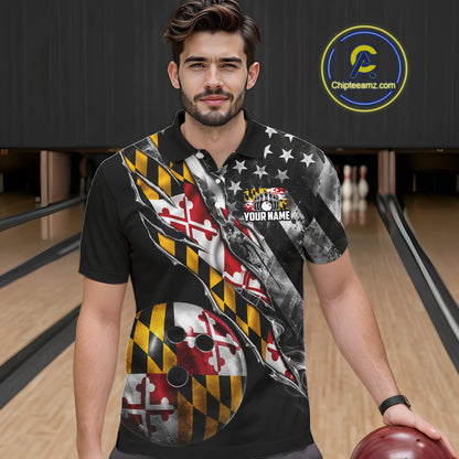 Torn Maryland Flag Patriotic Bowling Jersey For Men Custom Grunge American Flag Bowling Team Shirts NYN4349