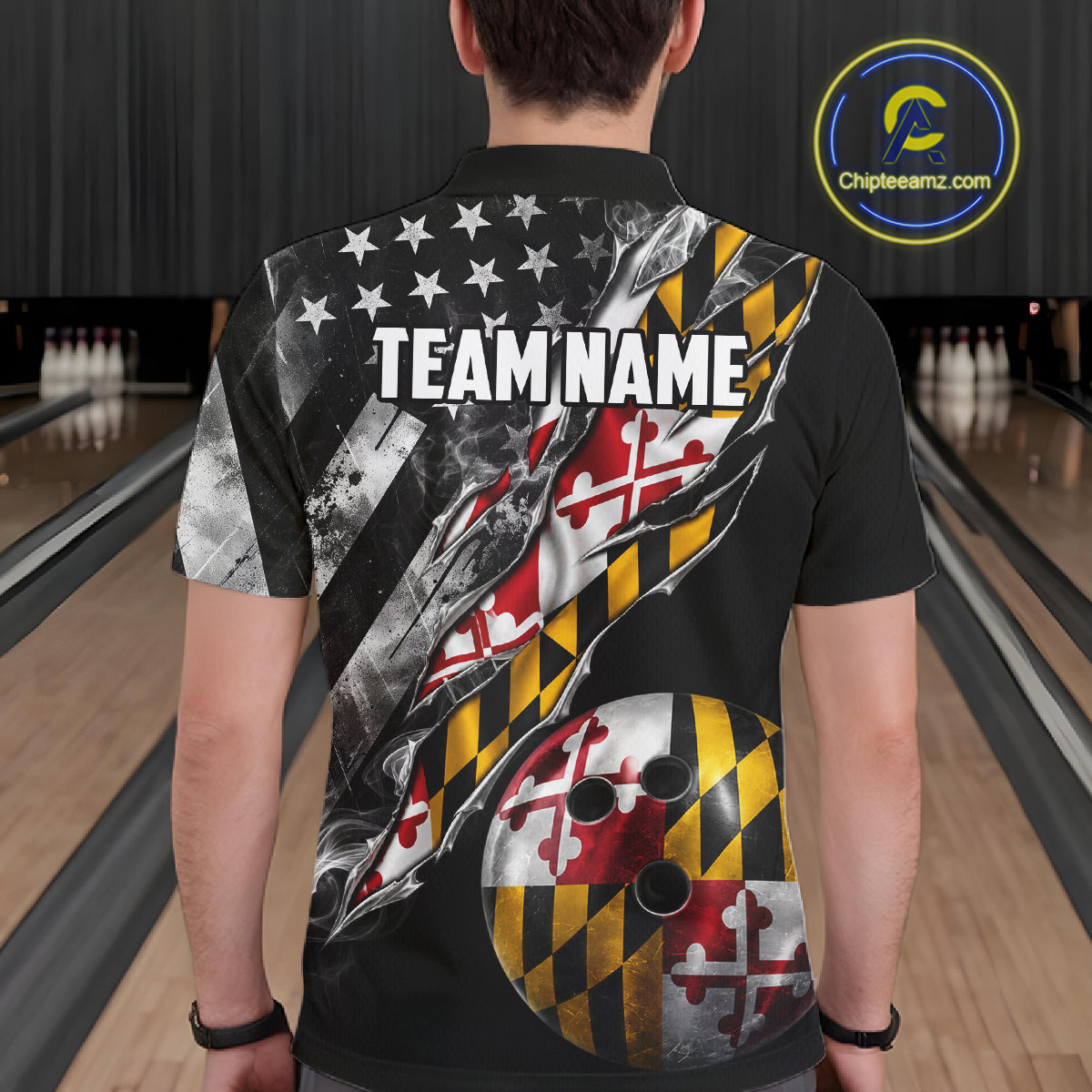 Torn Maryland Flag Patriotic Bowling Jersey For Men Custom Grunge American Flag Bowling Team Shirts NYN4349