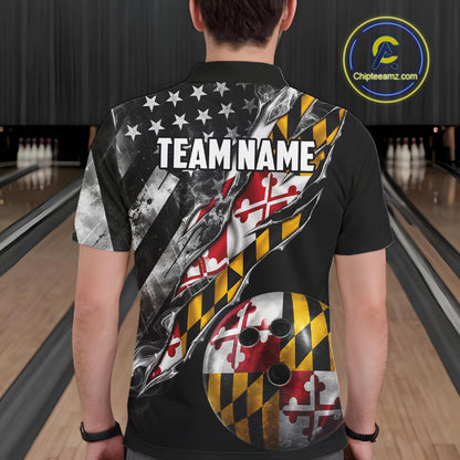 Torn Maryland Flag Patriotic Bowling Jersey For Men Custom Grunge American Flag Bowling Team Shirts NYN4349
