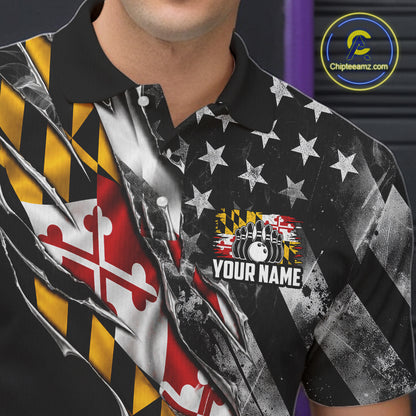 Torn Maryland Flag Patriotic Bowling Jersey For Men Custom Grunge American Flag Bowling Team Shirts NYN4349