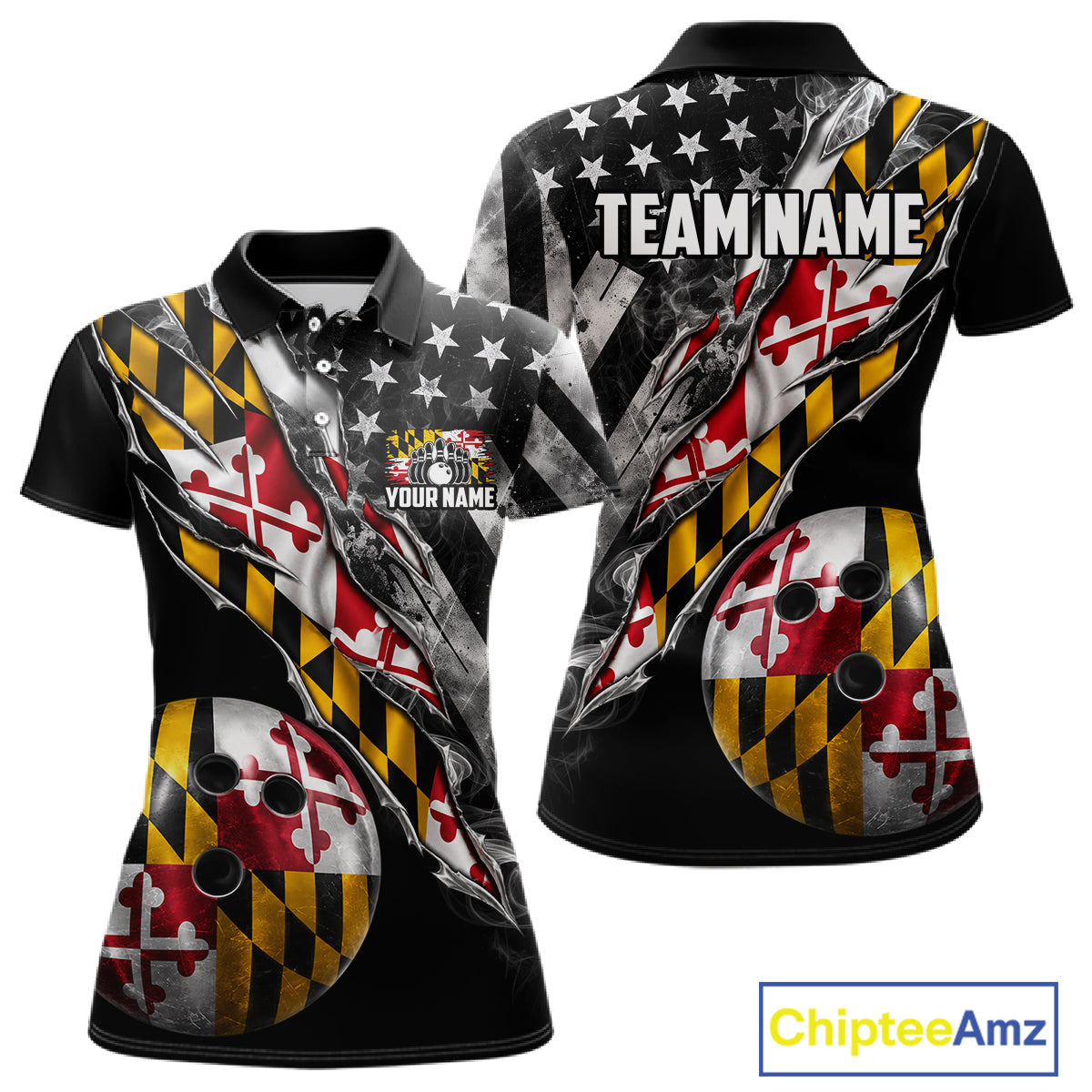 Torn Maryland Flag Patriotic Bowling Jersey For Women Custom Grunge American Flag Bowling Team Shirts NYN4349