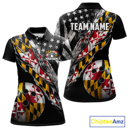 Torn Maryland Flag Patriotic Bowling Jersey For Women Custom Grunge American Flag Bowling Team Shirts NYN4349
