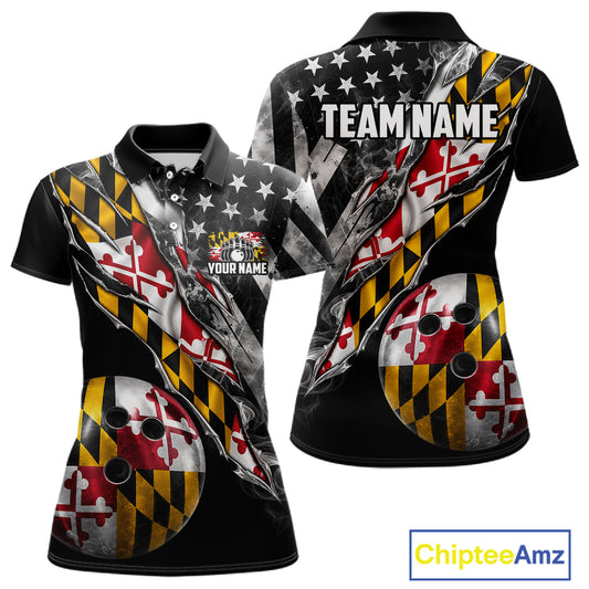 Torn Maryland Flag Patriotic Bowling Jersey For Women Custom Grunge American Flag Bowling Team Shirts NYN4349