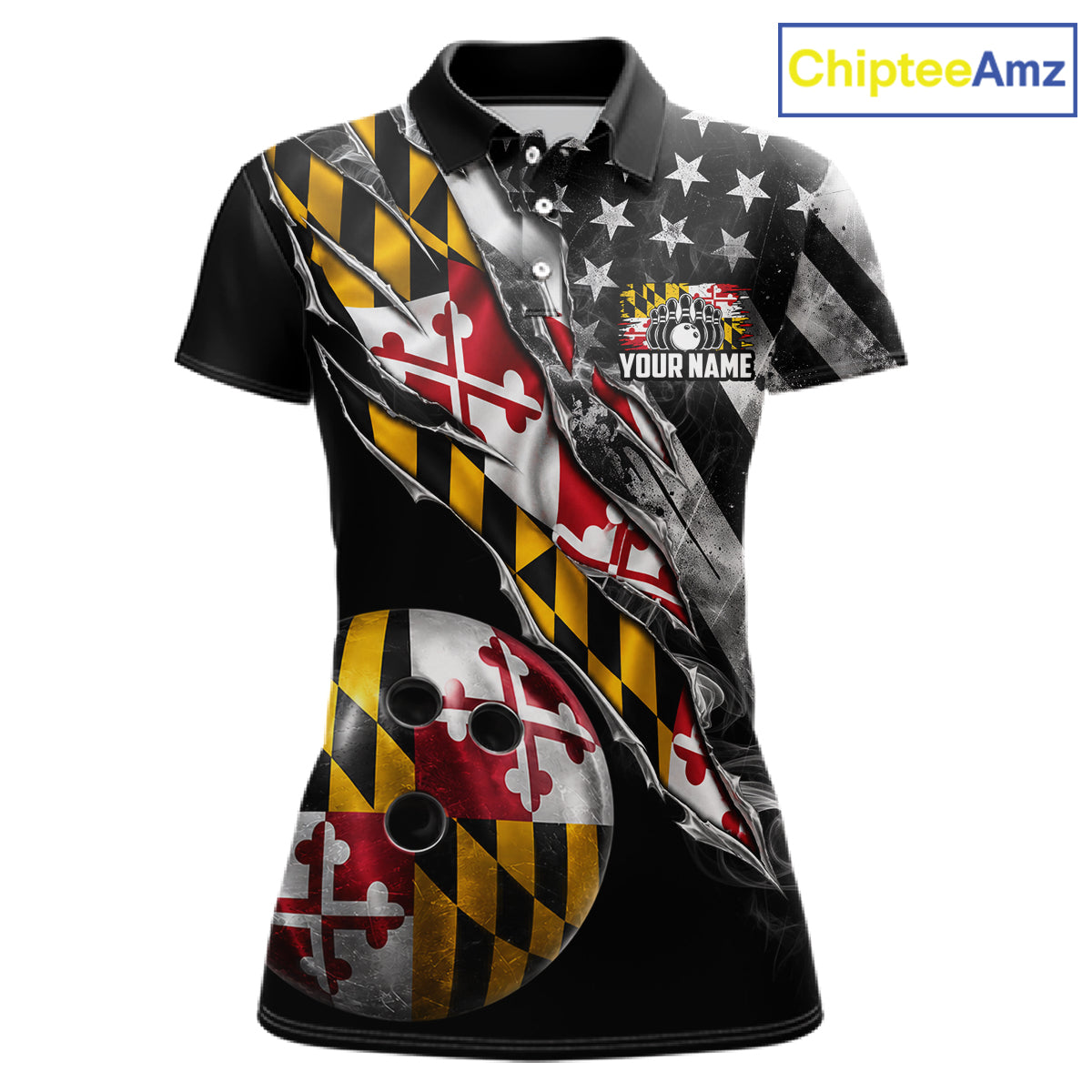 Torn Maryland Flag Patriotic Bowling Jersey For Women Custom Grunge American Flag Bowling Team Shirts NYN4349