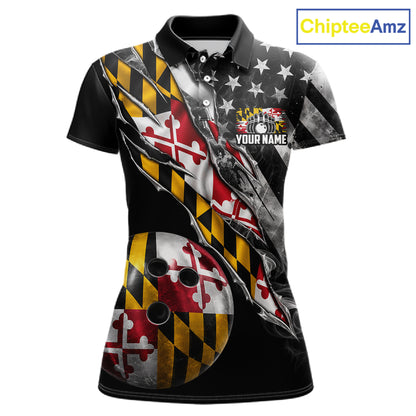 Torn Maryland Flag Patriotic Bowling Jersey For Women Custom Grunge American Flag Bowling Team Shirts NYN4349
