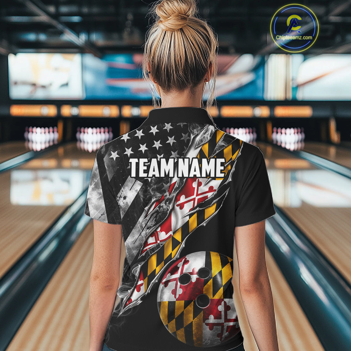 Torn Maryland Flag Patriotic Bowling Jersey For Women Custom Grunge American Flag Bowling Team Shirts NYN4349