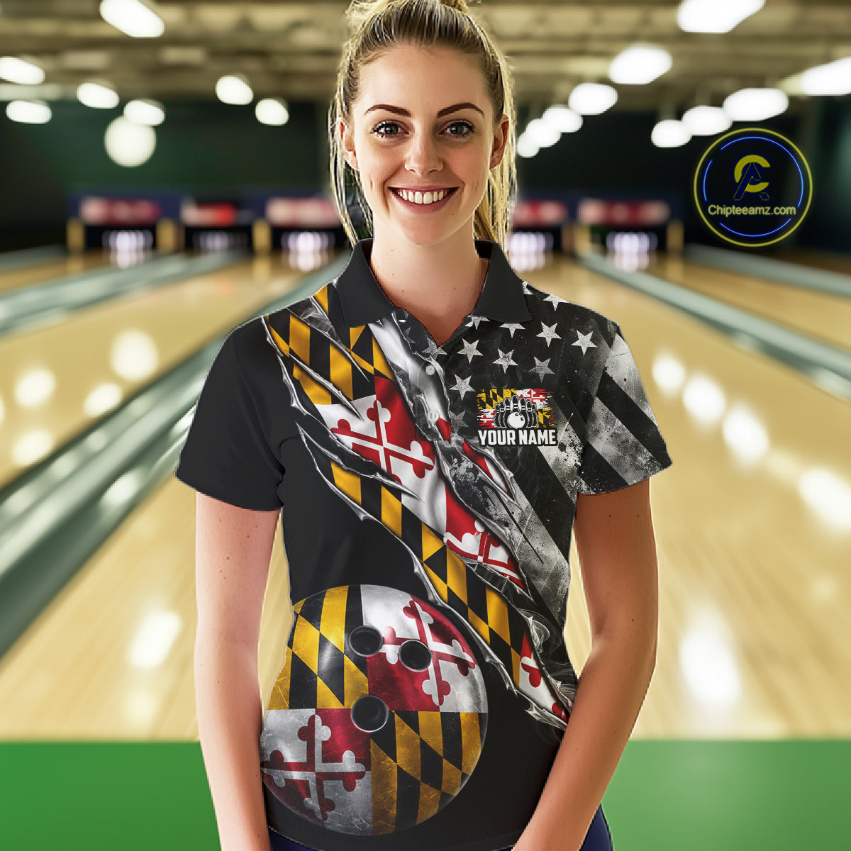 Torn Maryland Flag Patriotic Bowling Jersey For Women Custom Grunge American Flag Bowling Team Shirts NYN4349