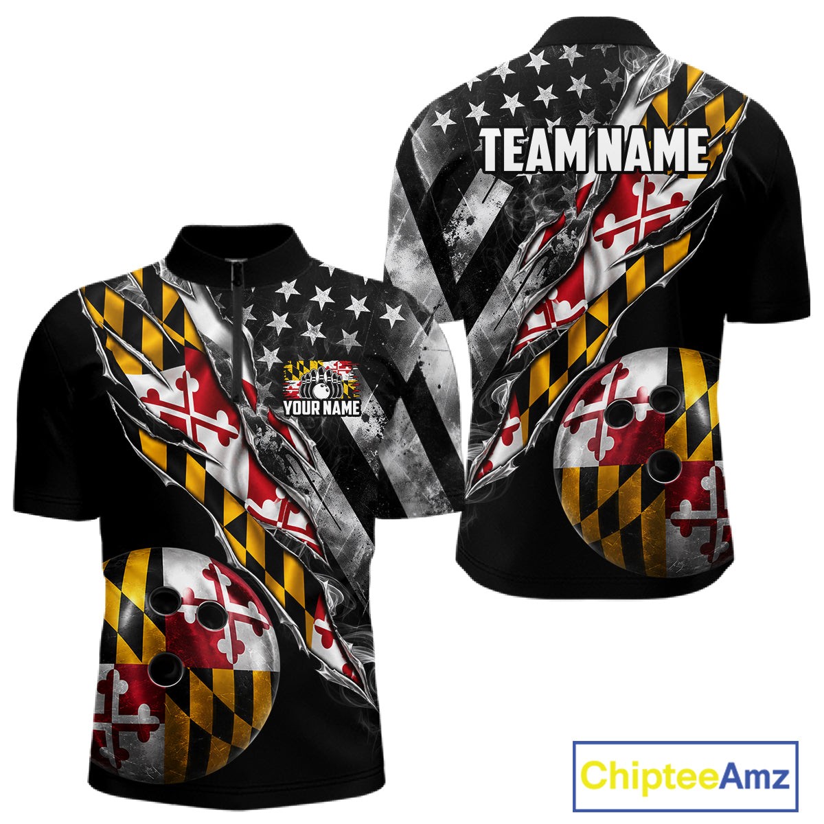 Torn Maryland Flag Patriotic Bowling Jersey For Men Custom Grunge American Flag Bowling Team Shirts NYN4349
