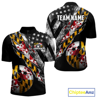 Torn Maryland Flag Patriotic Bowling Jersey For Men Custom Grunge American Flag Bowling Team Shirts NYN4349