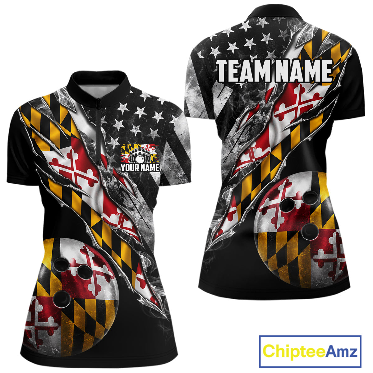 Torn Maryland Flag Patriotic Bowling Jersey For Women Custom Grunge American Flag Bowling Team Shirts NYN4349