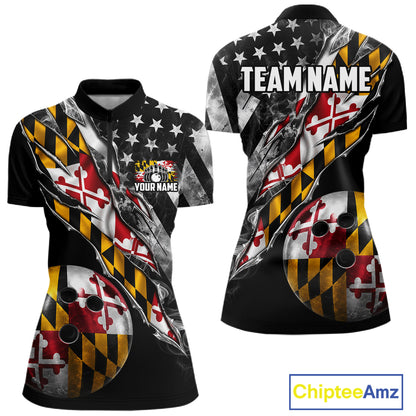 Torn Maryland Flag Patriotic Bowling Jersey For Women Custom Grunge American Flag Bowling Team Shirts NYN4349