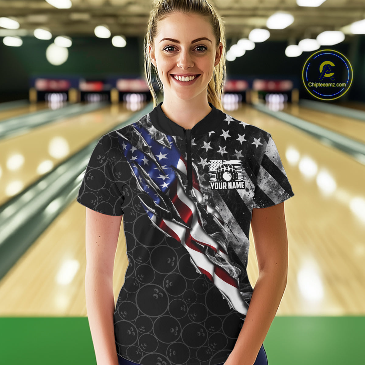Bowling Ball Camo Patriotic Bowling Jersey For Women Custom Grunge American Flag Bowling Team Shirts NYN4350