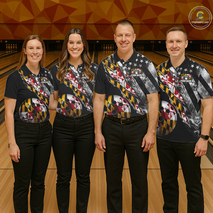 Torn Maryland Flag Patriotic Bowling Jersey For Men Custom Grunge American Flag Bowling Team Shirts NYN4349