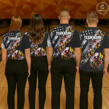 Torn Maryland Flag Patriotic Bowling Jersey For Men Custom Grunge American Flag Bowling Team Shirts NYN4349