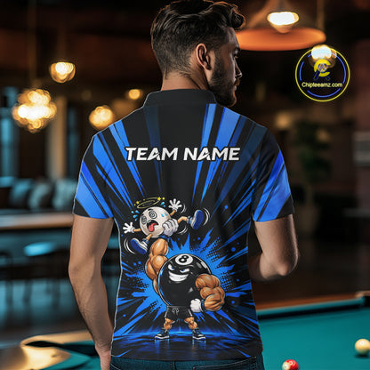 Custom Muscle Strongman 8 Ball Billiard Shirt For Men Custom Name Blue Lightning Pool Team Jersey NYN5083