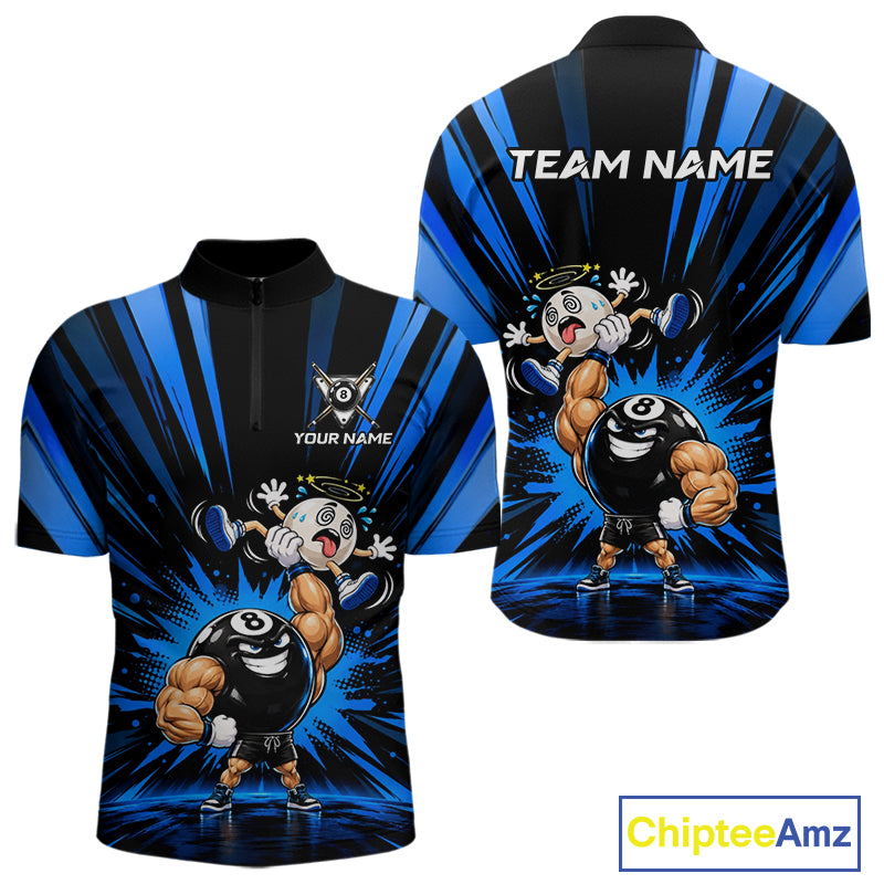 Custom Muscle Strongman 8 Ball Billiard Shirt For Men Custom Name Blue Lightning Pool Team Jersey NYN5083