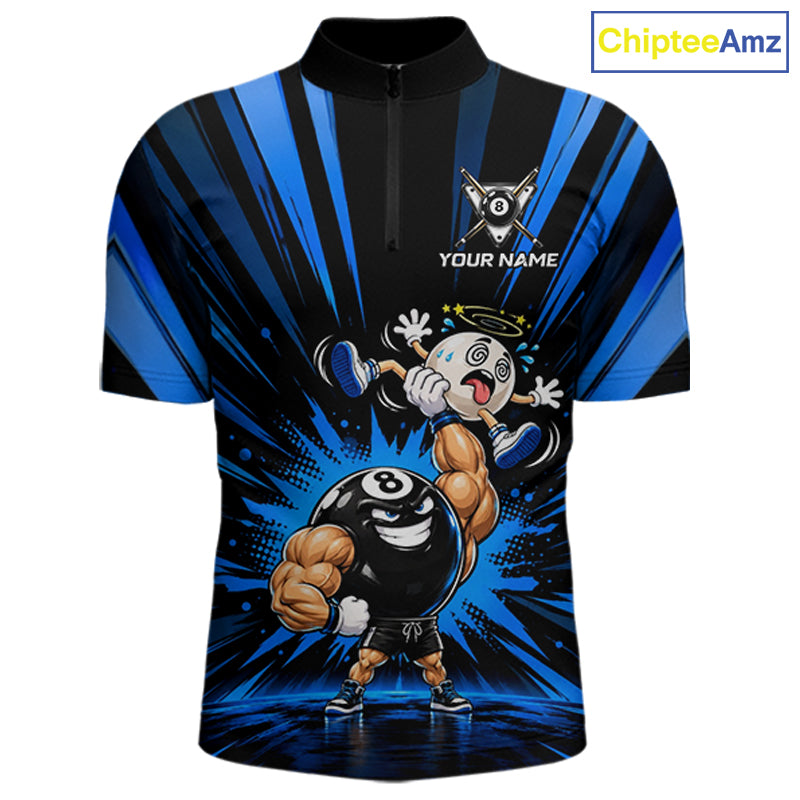 Custom Muscle Strongman 8 Ball Billiard Shirt For Men Custom Name Blue Lightning Pool Team Jersey NYN5083