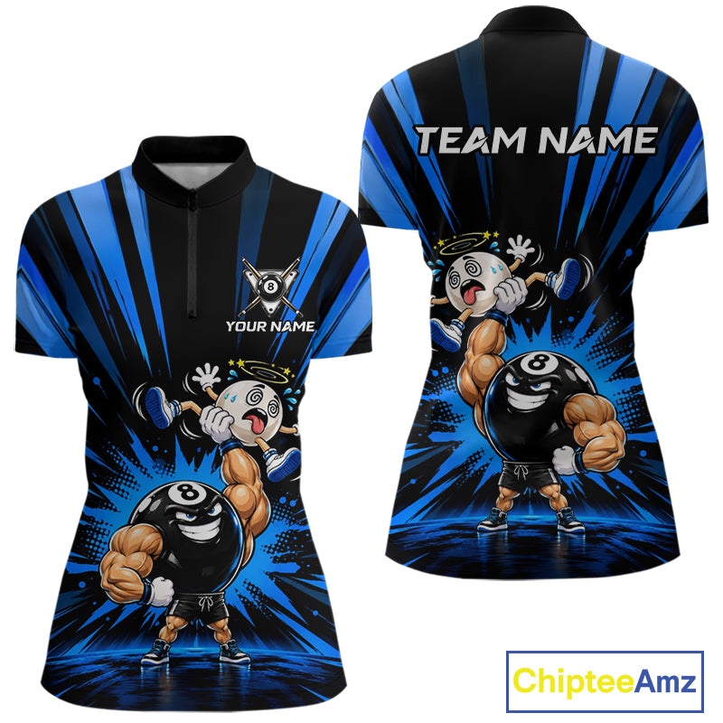 Custom Muscle Strongman 8 Ball Billiard Shirt For Women Custom Name Blue Lightning Pool Team Jersey NYN5083