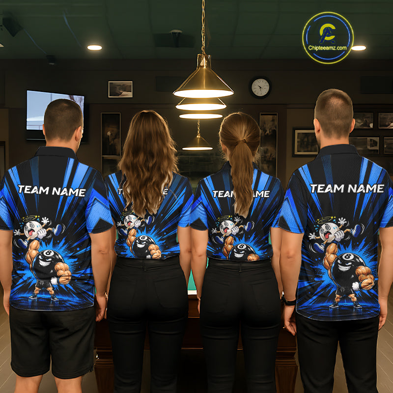 Custom Muscle Strongman 8 Ball Billiard Shirt For Women Custom Name Blue Lightning Pool Team Jersey NYN5083