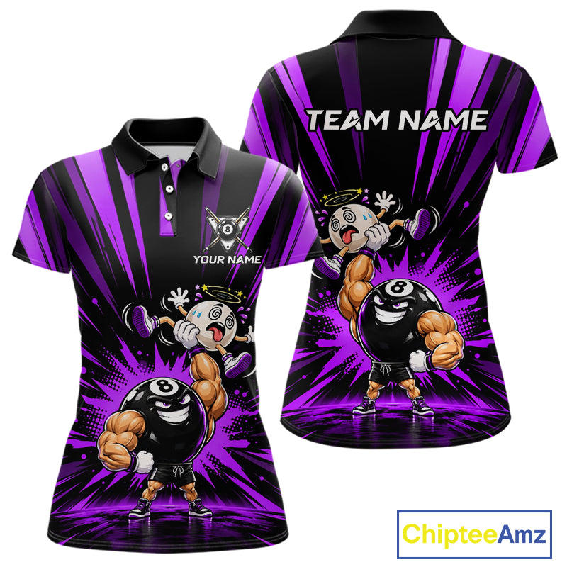 Custom Muscle Strongman 8 Ball Billiard Shirt For Women Custom Name Purple Lightning Pool Team Jersey NYN5084