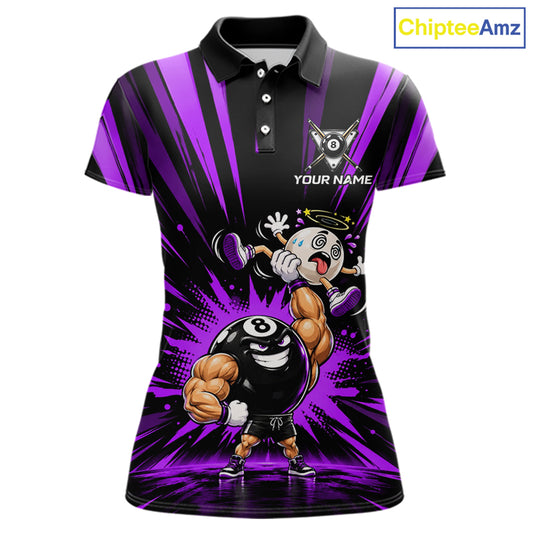 Custom Muscle Strongman 8 Ball Billiard Shirt For Women Custom Name Purple Lightning Pool Team Jersey NYN5084