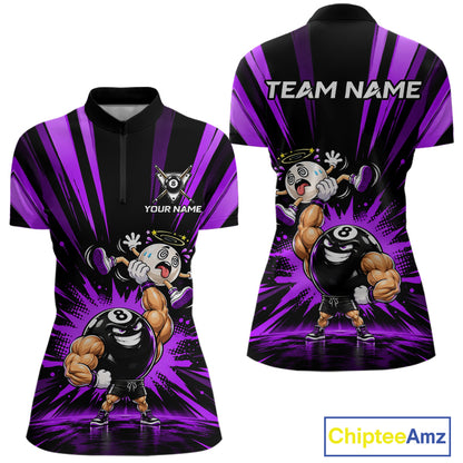 Custom Muscle Strongman 8 Ball Billiard Shirt For Women Custom Name Purple Lightning Pool Team Jersey NYN5084