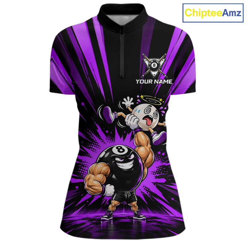 Custom Muscle Strongman 8 Ball Billiard Shirt For Women Custom Name Purple Lightning Pool Team Jersey NYN5084
