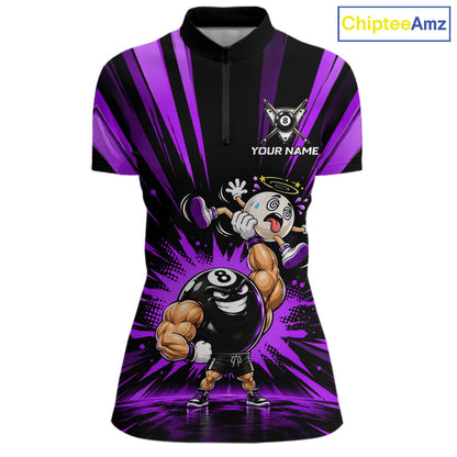 Custom Muscle Strongman 8 Ball Billiard Shirt For Women Custom Name Purple Lightning Pool Team Jersey NYN5084