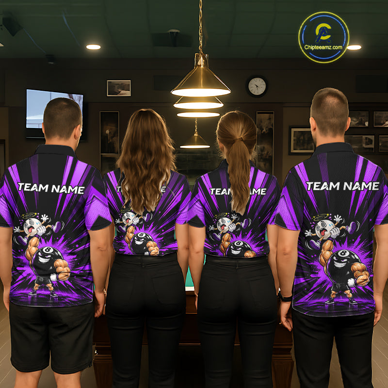 Custom Muscle Strongman 8 Ball Billiard Shirt For Women Custom Name Purple Lightning Pool Team Jersey NYN5084