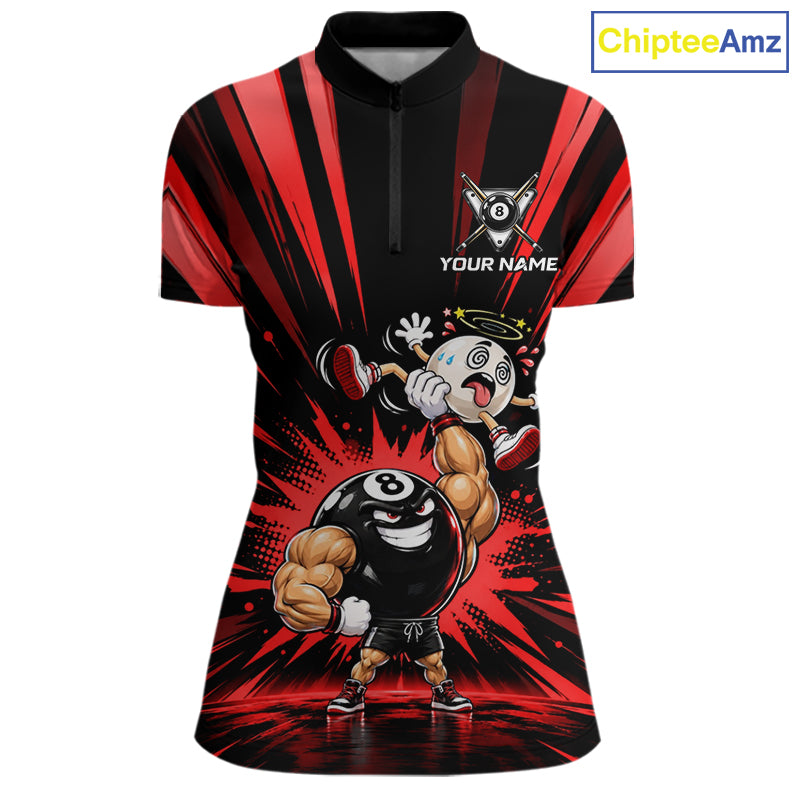 Custom Muscle Strongman 8 Ball Billiard Shirt For Women Custom Name Red Lightning Pool Team Jersey NYN5085