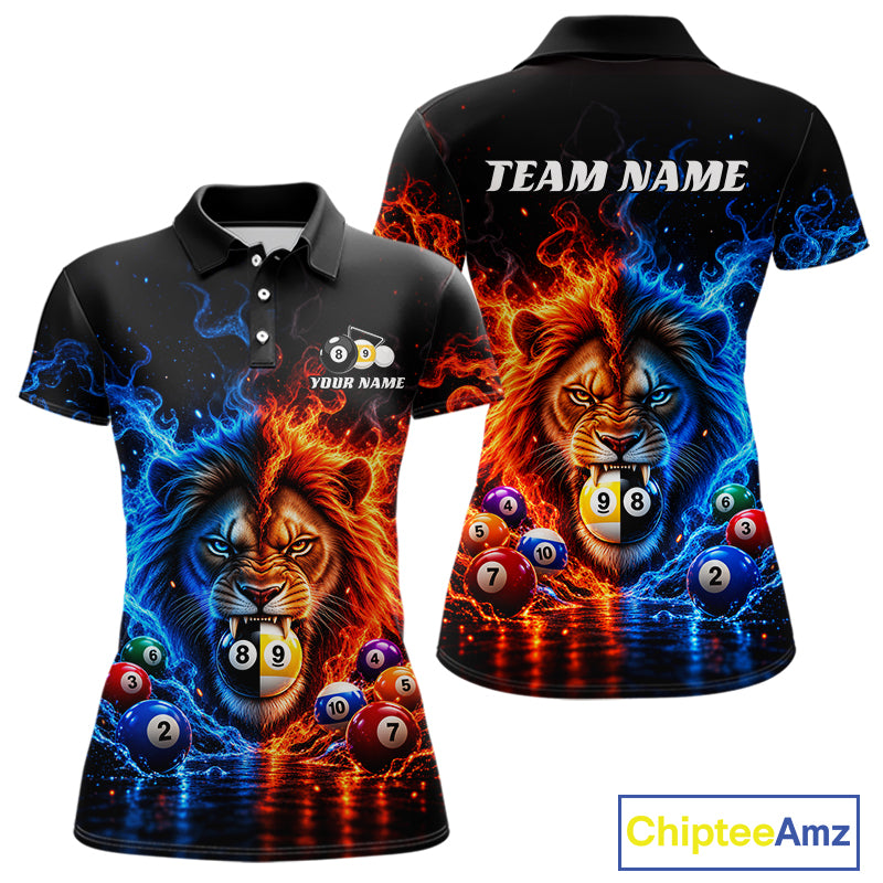 Lion Flame Billiard Shirt For Women Custom Name Pool Billiard Fire Ice Pool Team Apparel Gift NYN5092