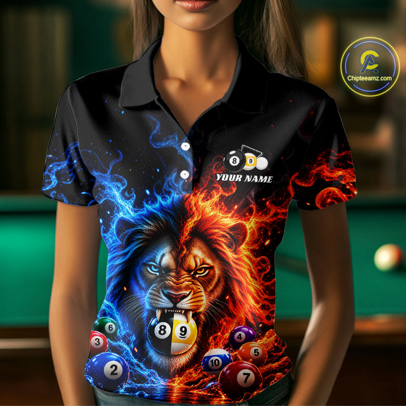 Lion Flame Billiard Shirt For Women Custom Name Pool Billiard Fire Ice Pool Team Apparel Gift NYN5092