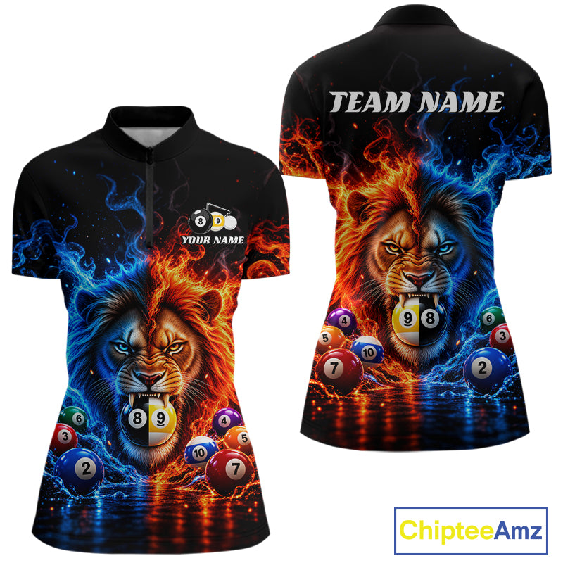 Lion Flame Billiard Shirt For Women Custom Name Pool Billiard Fire Ice Pool Team Apparel Gift NYN5092