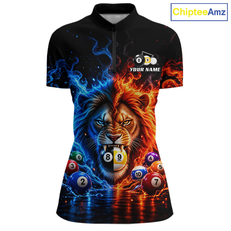 Lion Flame Billiard Shirt For Women Custom Name Pool Billiard Fire Ice Pool Team Apparel Gift NYN5092