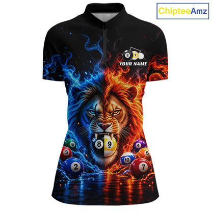 Lion Flame Billiard Shirt For Women Custom Name Pool Billiard Fire Ice Pool Team Apparel Gift NYN5092