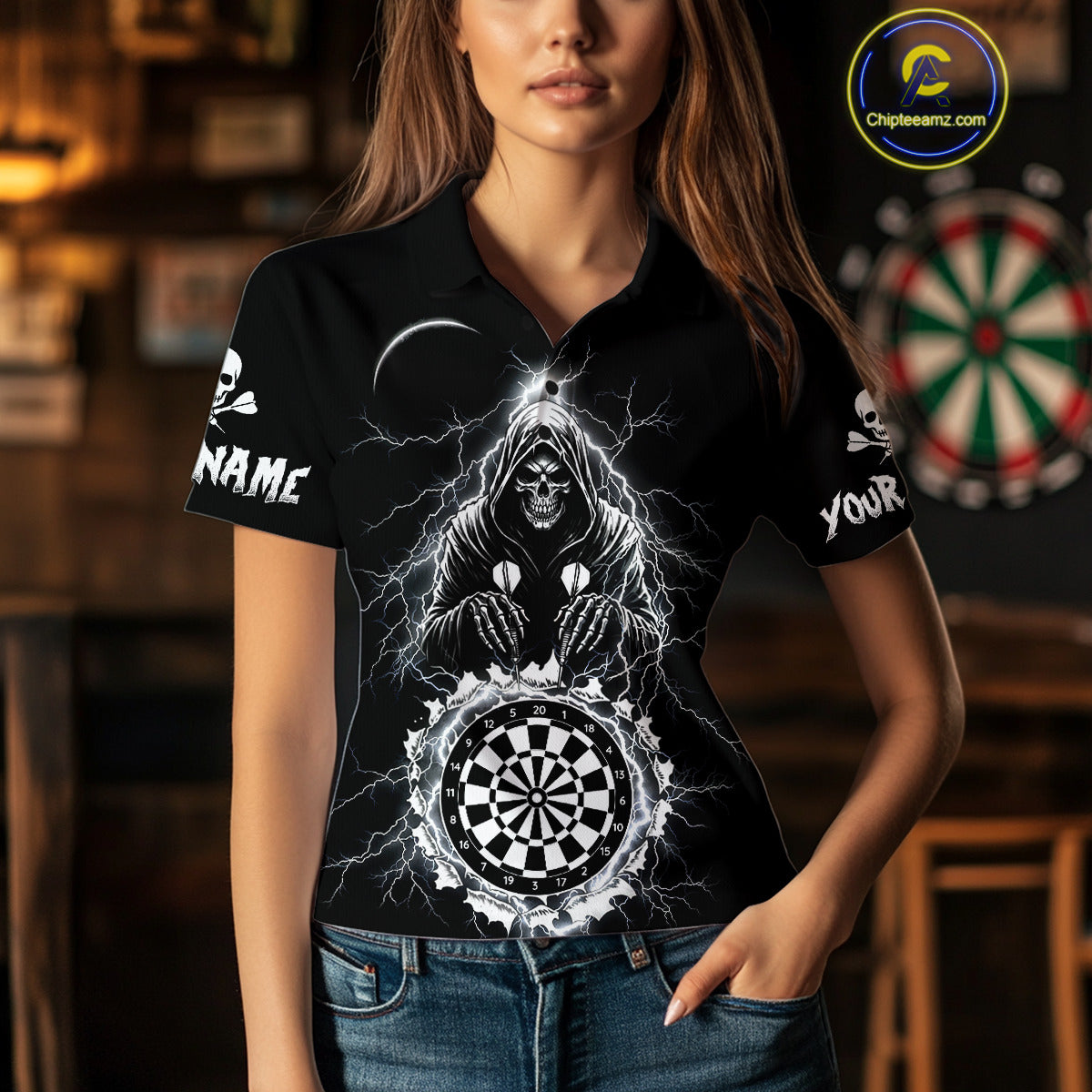 Lightning Thunder White & Black Grim Reaper Custom Dart Polo Shirt Women Dart League Jerseys NYN2091