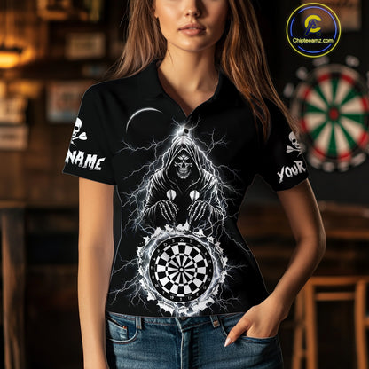 Lightning Thunder White & Black Grim Reaper Custom Dart Polo Shirt Women Dart League Jerseys NYN2091