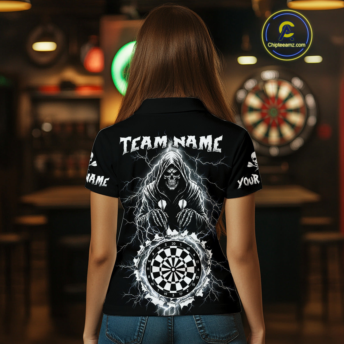 Lightning Thunder White & Black Grim Reaper Custom Dart Polo Shirt Women Dart League Jerseys NYN2091