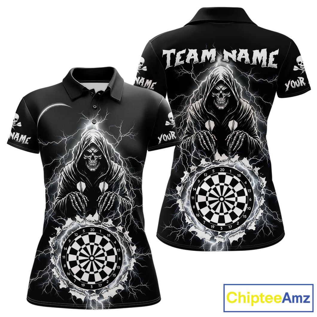 Lightning Thunder White & Black Grim Reaper Custom Dart Polo Shirt Women Dart League Jerseys NYN2091